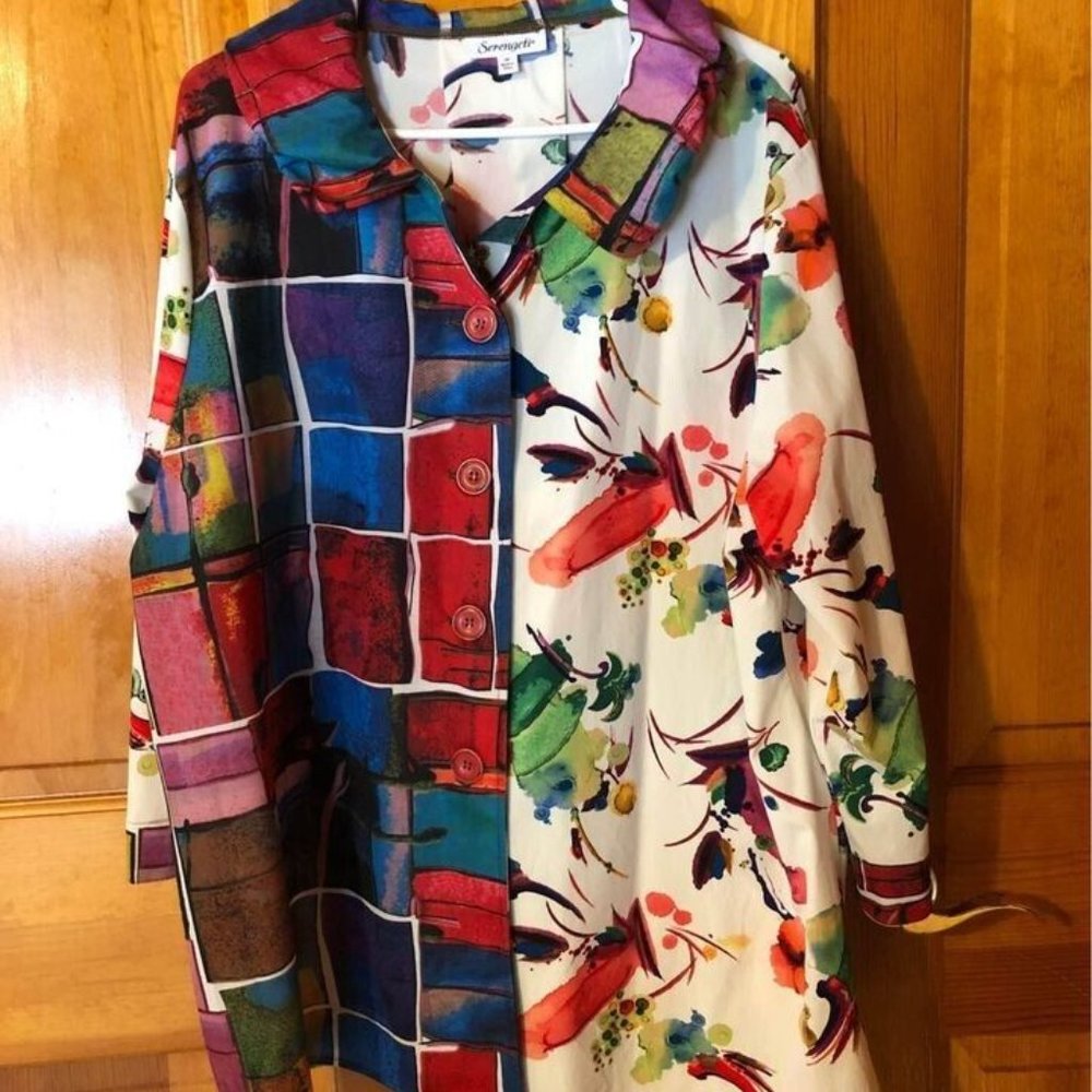 Serengeti Colorful Button Up Swing Blouse 3/4 Sleeve 1X